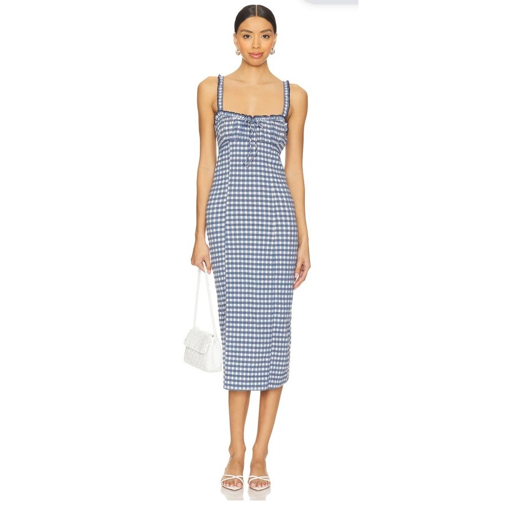 Free People Lucinda Gingham Corset Midi Dress M Blue White Smocked Cottage Boho - Picture 12 of 16